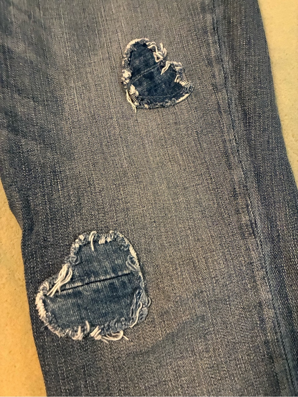 7 For All Mankind Women's Straight Leg Jeans in Blue with Frayed Heart Patches